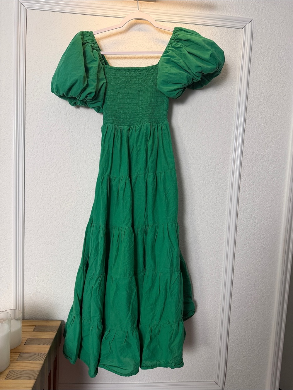 Green Puff-Sleeve Tiered Maxi Dress